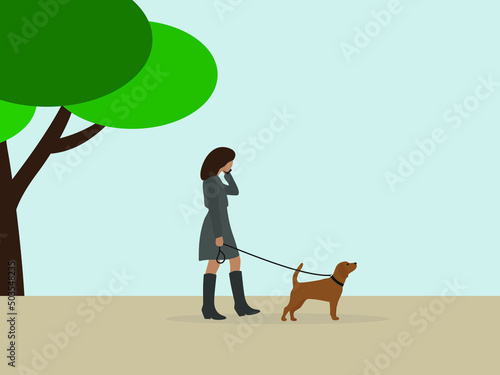 Female character with a dog on a leash walking and talking on the phone outdoors