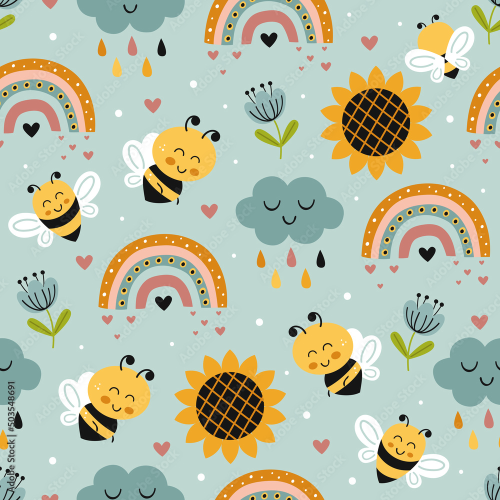 seamless pattern with bee, sunflower, rainbow