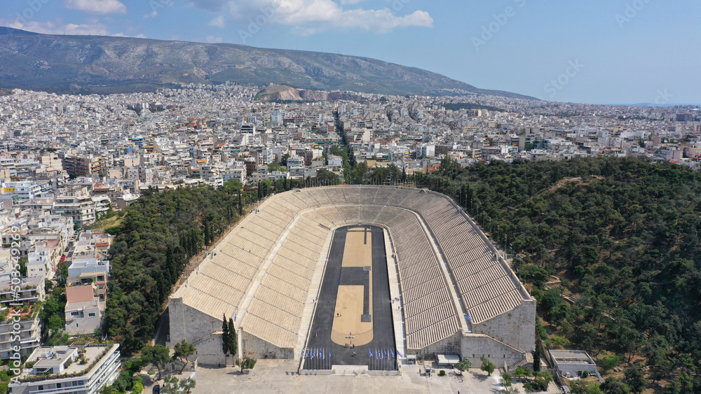 Aerial drone photo of iconic ancient Panathenaic stadium or Kalimarmaro birthplace of the original Olympic games, Athens historic centre, Attica, Greece