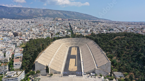 Obraz na płótnie Aerial drone photo of iconic ancient Panathenaic stadium or Kalimarmaro birthplace of the original Olympic games, Athens historic centre, Attica, Greece w salonie