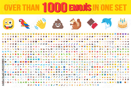 Set of over than 1000 emoji, vector illustration icons. Human, sport, transportation, flags of the world, wear, food, time, horoscope, tools, emoticons. Set of 1000 Minimalistic Solid Line Colored