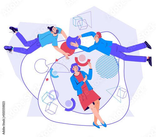 Business people in zero gravity at work, business and document management, team collaboration concept, flat vector illustration isolated on white background.