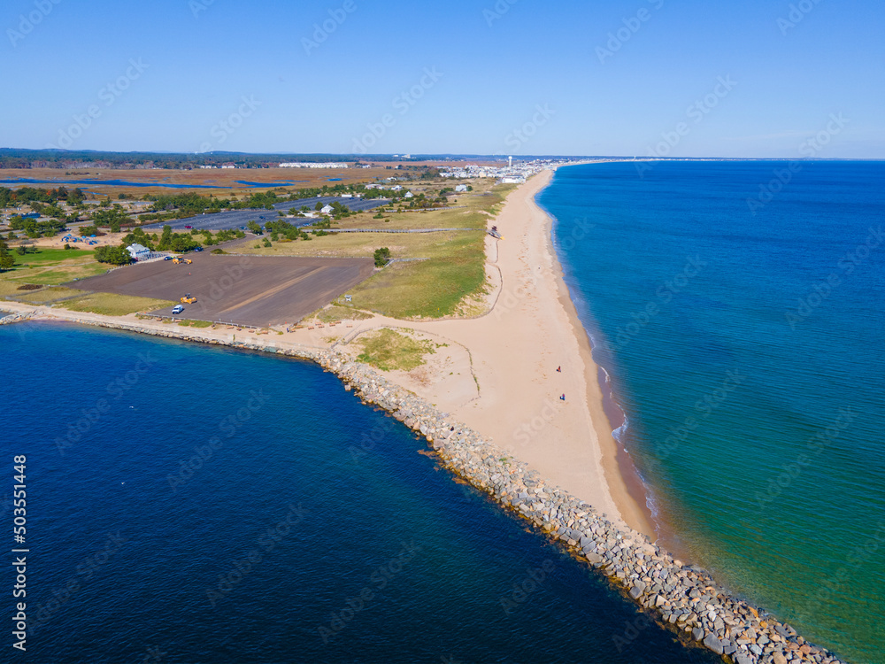 Salisbury Beach aerial view in Salisbury Beach State Reservation next to Merrimack River mouth to Atlantic Ocean in town of Salisbury, Massachusetts MA, USA. 