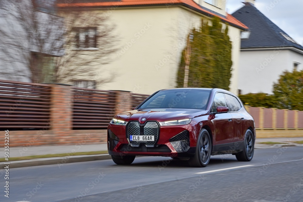 BMW iX xDrive40. Fully electric luxury big car. Car driving. 02-22-2022 ...