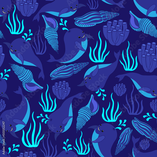 Summer colourful baby pattern, blue little whales, shells, blue background. Seamless pattern, kawaii, vector.