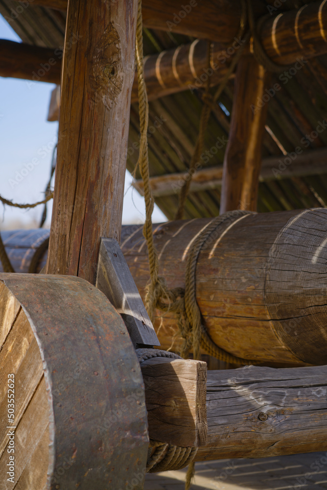 An ancient battering ram. Medieval weapons for smashing the walls and gates of the fortress. An ancient battering ram. Medieval weapons for smashing the walls and gates of the fortress.