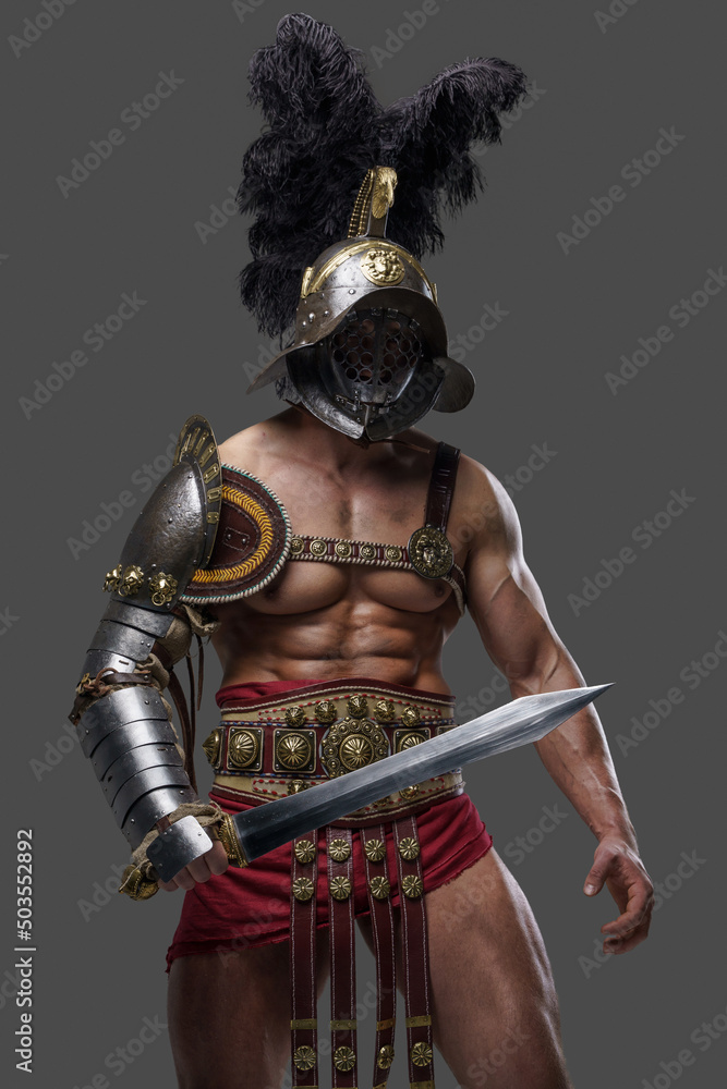 Obraz premium Portrait of combative colosseum warrior with plumed helmet and gladius.