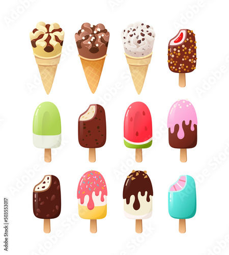 Ice cream cones and popsicles with various flavours, icings toppings and sundae. Ice cream dessert food in chocolate strawberry and vanilla glazing and chocolate chips  Vector illustration part 3 of 3