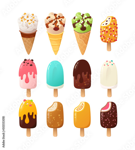 Cartoon ice cream and popsicles with various flavours, icings, toppings waffle cones and sundae. Ice cream dessert food in chocolate strawberry and vanilla glazing.   Vector illustration part 2 of 3