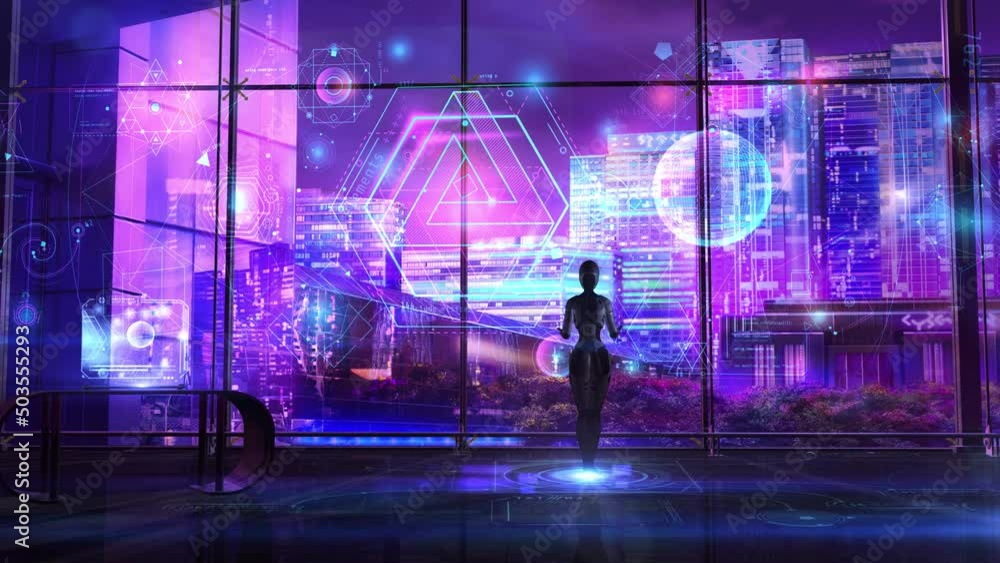 Sci-fi plot with robot and data array, 3D render Sci-fi plot with robot and data array, 3D render