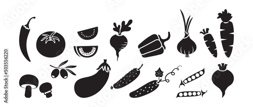Vegetable black silhouettes vector icon set isolated on white background. Season food illustration