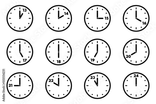 Set of analog clock icon for every hour. 24 hour clock