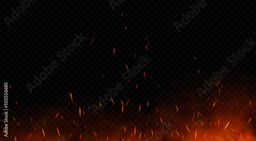 Vector red fire sparks flying up. Burning glowing particles. Flame of fire with sparks isolated on a black transparent background.