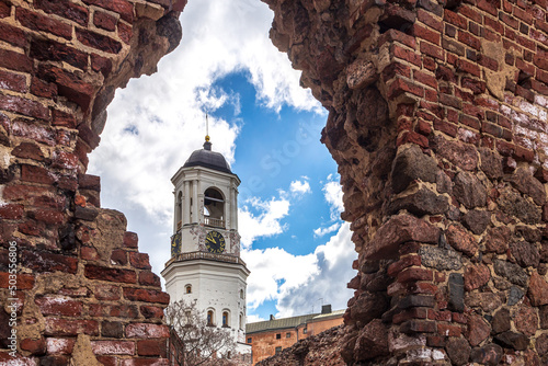 Canvas clock tower in the city of Vyborg, the bell tower of the destroyed cathedral, Ap