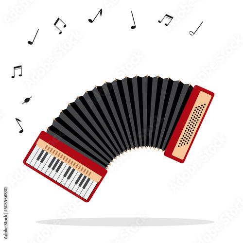 Playing accordion with musical notes isolated on white background. Keyboard Accordion icon. Classical musical instrument for music concert. Flat or cartoon Vector illustration.