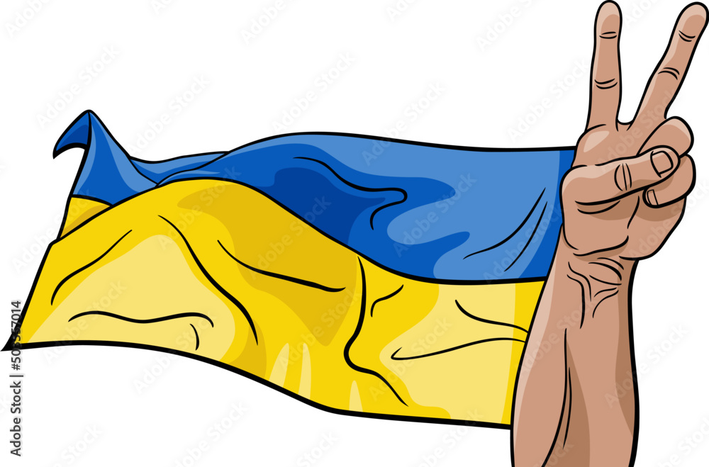 Ukrainian flag and hand in a gesture of victory vector illustration - obrazy, fototapety, plakaty 