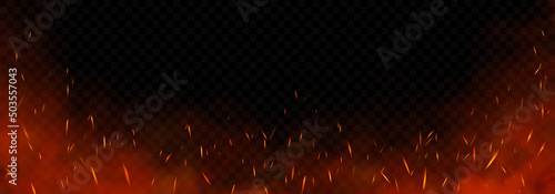 Vector red fire sparks flying up. Burning glowing particles. Flame of fire with sparks isolated on a black transparent background.