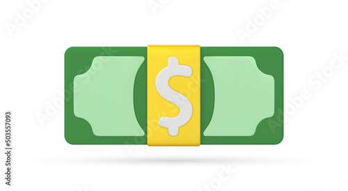 3D cartoon dollar bill.  Banknote dollar green cash.  Money saving, exchange, finance and budget concept. Vector 3d illustration