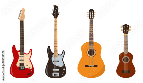 Set of Guitar icons. Acoustic, Bass, Wooden stringed guitar and Ukulele musical instrument isolated on white background. Vector illustration in flat or cartoon style.