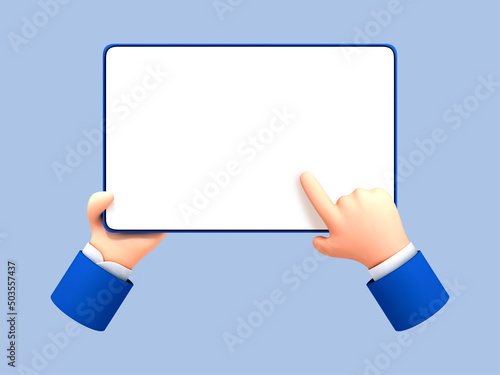 3D cartoon hand holding tablet isolated on blue background. Hand using tablet mockup. Vector 3d illustration