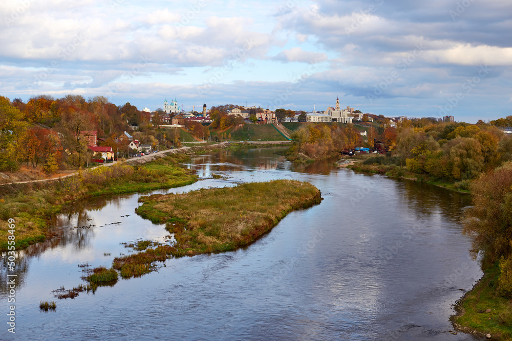 Grodno, Belarus, panoramic view of the Neman River old and new castles in autumn