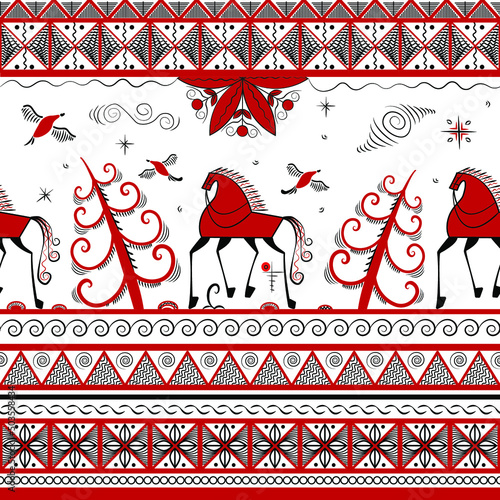 vector illustration Craft Art Traditional horses Russian paintings mezen Pattern photo