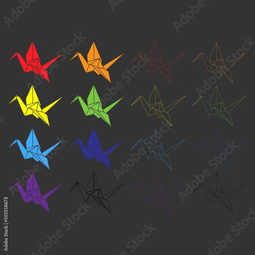 Set of origami crane vector rainbow colour illustration icon isolated on white background. Japanese traditional origami crane for infographic, website or app. Geometric shape for art of folded paper.
