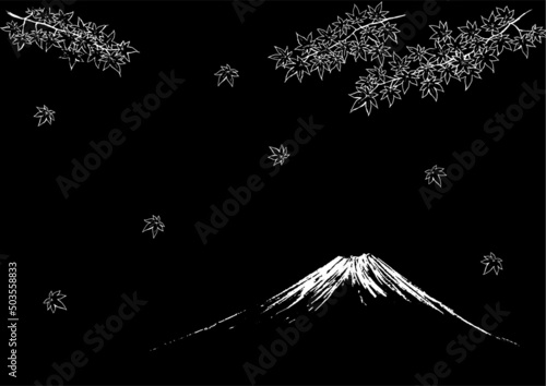 富士山と紅葉のペン画　ベクターイラスト