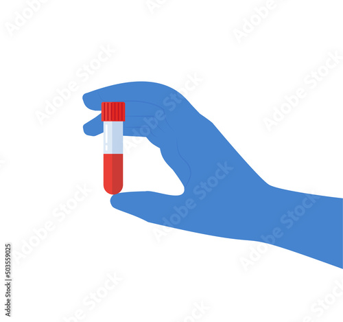 Doctor hand in a glove holding test tube with blood. Vector illustration in flat style