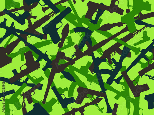 Camouflage seamless vector pattern of weapons, format 3:4. Vector camouflage made for printing, limitless. In shades of green. Editable colors