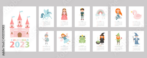 Tela Fairytale Calendar for 2023, with cartoon characters, princess, prince, fairy, pegasus, stargazer, swan, knight, witch, mermaid, gnome, castle
