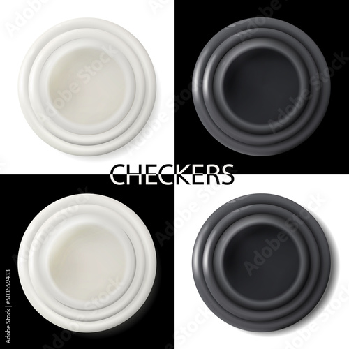 Realistic Set objects for checkers game isolated. Chequer, alquerque, go, ko-wai, latrunculi, backgammon, renju, senate. Vector.