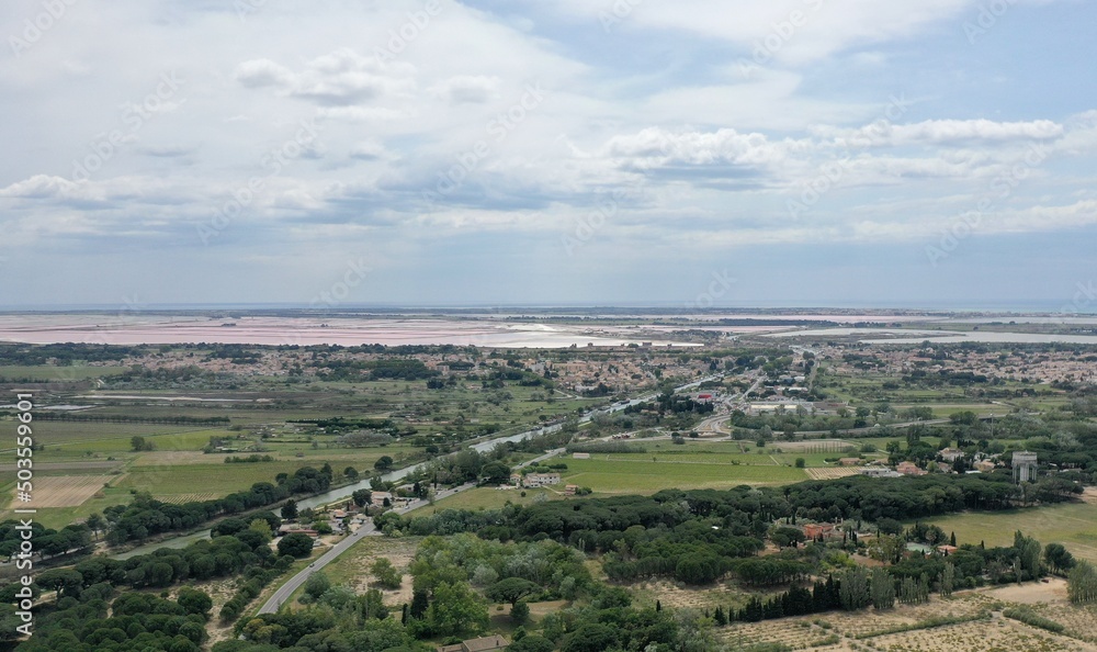 vue aérienne La Tour Carbonnière en Petite Camargue. Saint-Laurent-d'Aigouze. Près d'Aigues-Mortes. France, Gard, région Occitanie.