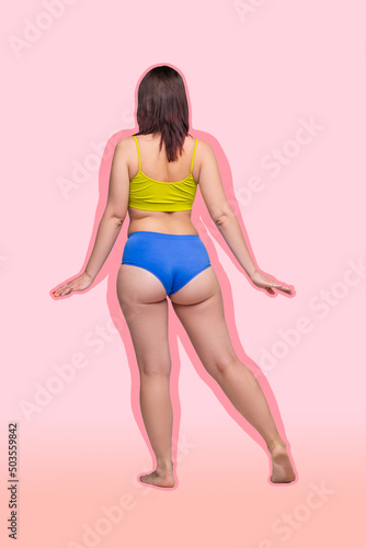 Body liposuction, fat and cellulite removal concept, overweight female body, back, buttocks, legs on pink background