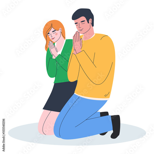 Request for blessing for marriage. Appeal to higher powers, God and the universe. A young couple kneels with their hands clasped in supplication. Flat vector illustration. Eps10