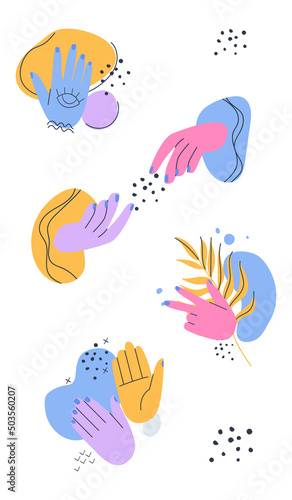 Abstract hands on a white background. Spots, dots and lines. Flat vector illustration. Eps10