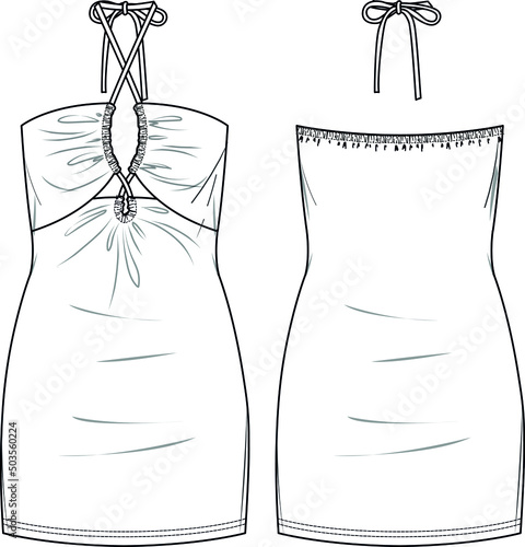 Vector mini dress fashion CAD, woman bodycon sleeveless dress technical drawing, slim fit strapless dress with gathering template, sketch, flat. Jersey  fabric dress with front, back view, white