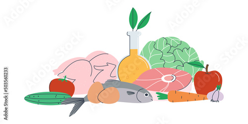 Food Set of fresh organic naturally grown farm food. Vegetables and meat. Flat vector illustration. Eps10