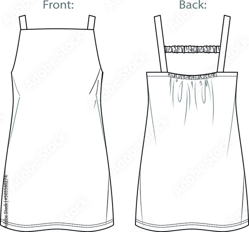 Vector dungaree dress fashion CAD, woman sleeveless mini dress technical drawing with wide straps, template, flat, sketch, mock up.  Jersey or woven fabric dress with front, back view, white color