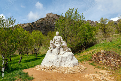Sculpture by Juan Villa at Mirador de la Bureba, monument to Felix Rodriguez of the fountain in Poza de La Sal, donated for the fourth millennium, Burgos, Spain