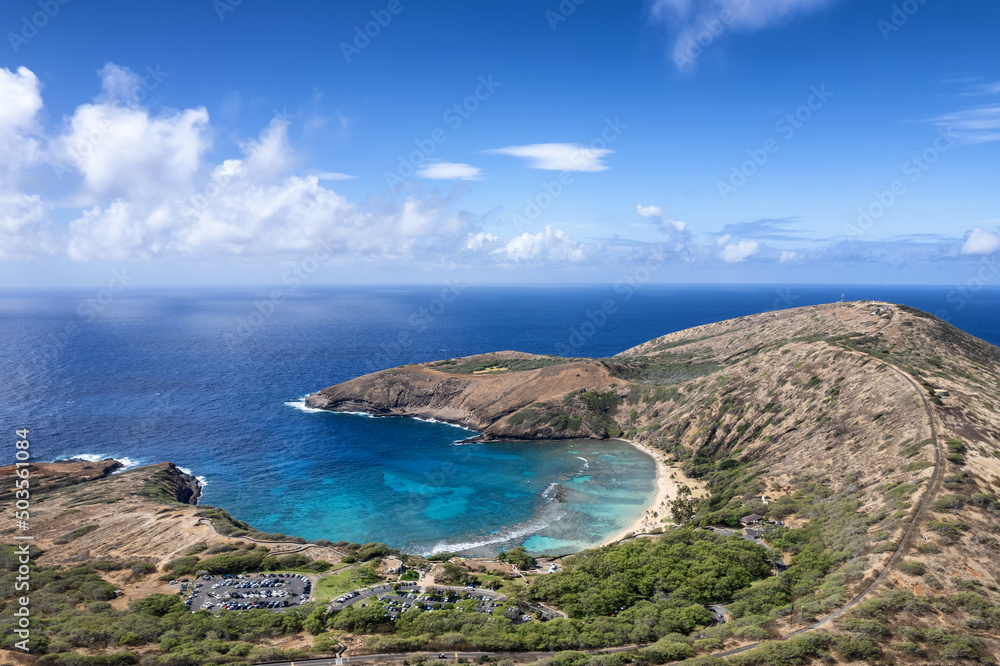 Aerial drone view of famous Hanauma Bay and its beach.  The beach is known for snorkeling.