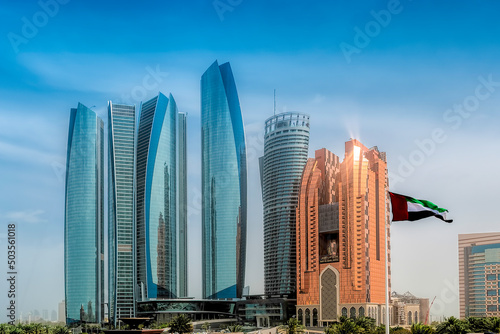 Skyscrapers in different architectural designs rising above Abu Dhabi, United Arab Emirates 