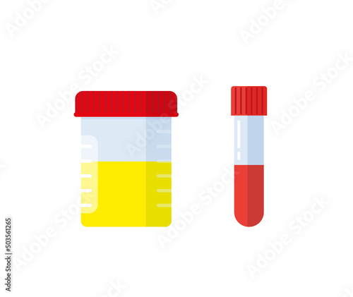Medical analysis laboratory test urine stool and blood in plastic jars. Vector illustration in flat style