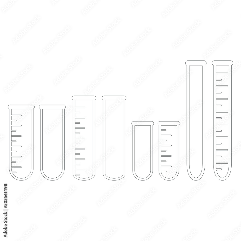 Chemical test tubes vector icons set of different sizes of flasks minimalist simple flat illustrations. Experiment chemical flasks for science isolated on white background. Chemical test tubes vector icons set of different sizes of flasks minimalist simple flat illustrations. Experiment chemical flasks for science isolated on white background.