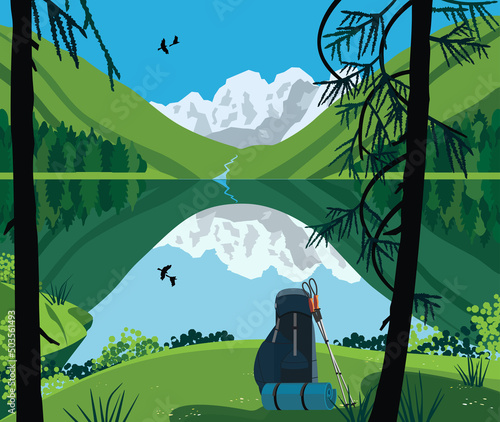 Mountain Lake Landscape Tourist Banner Background. Beautiful wild nature parkland hiking trip illustration. Mountain lake calm sunlight summer day vector poster. Nature outdoor trip tourist banner
