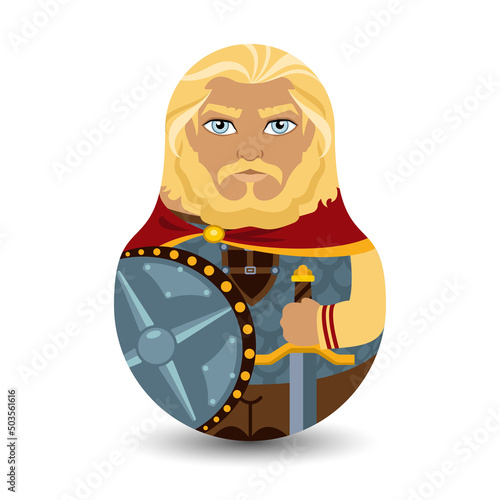 Bogatyr. Old Slavic warrior blond in armor and with a sword and shield in his hands. Design tilting toy. Modern kawaii dolls for your business project. Flat vector illustration.