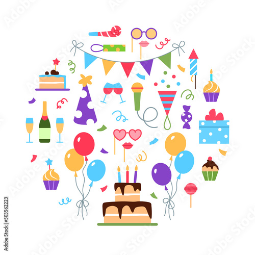 Event service concept on white background. Flat holiday management circle design. Birthday party dinner wedding celebration arrangement business. Gift cake balloons treat food vector illustration.