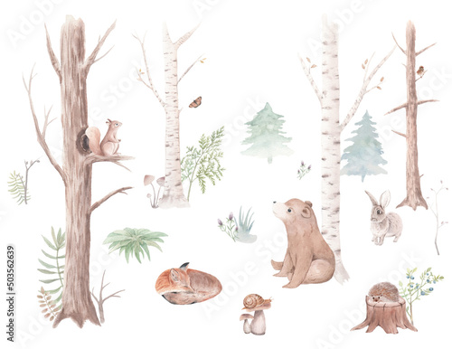 Naklejka sztuka dzieci niedźwiedź wiewiórka drzewa