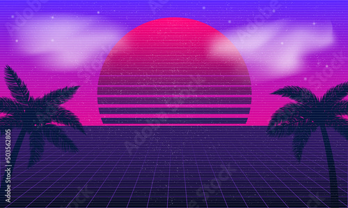Synthwave background with Retro Sun, palms and clouds. Retro Neon abstract background template. Vector illustration