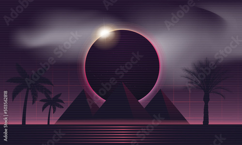 Retro Pyramids background. Egypt Landscape isolated on a dark background with Solar eclipse, palms. Vaporwave, Cyberpunk background. Vector illustration